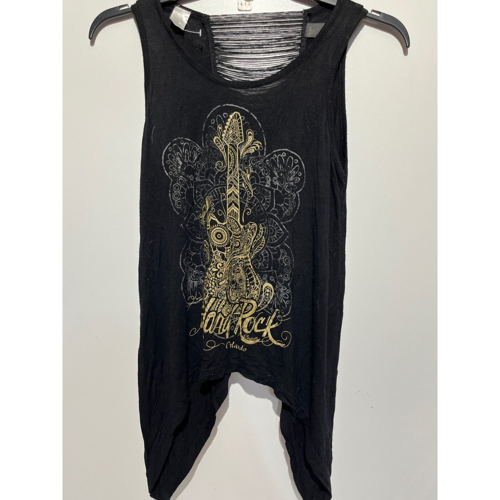 Hard Rock Couture Orlando Tank Top Black Gold Guitar Shredded Back Sharkbite S